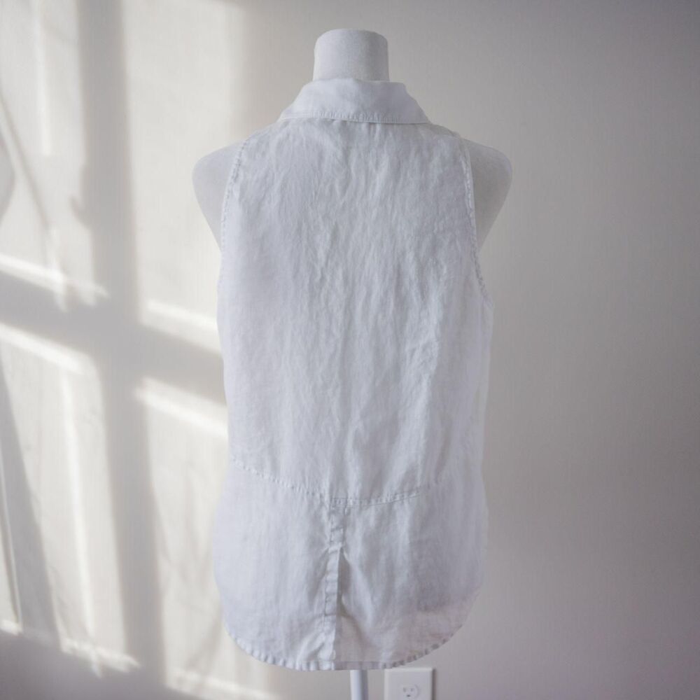 Classic White Linen Sleeveless Summer Beach Cottage Button Collared Womens Shirt - Picture 4 of 8
